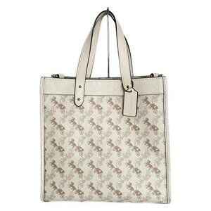 Auth COACH Field Tote with Horse and Carriage print 89143 Cream Beige Brown PVC